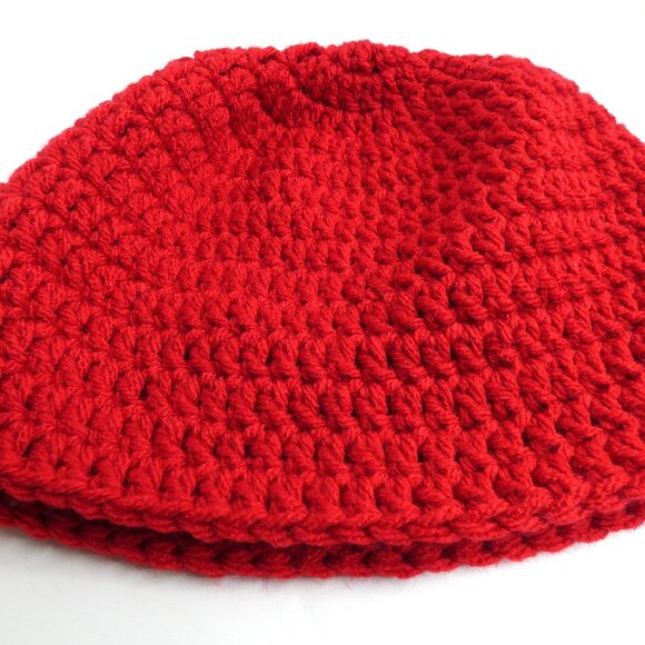 Red Skull Cap OS Men Women Winter Hat Handmade Crochet Thick Hand Knit Warm - Picture 6 of 6